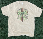 Load image into Gallery viewer, Cross with Shamrock Print Bow on Sand