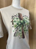 Load image into Gallery viewer, Cross with Shamrock Print Bow on Sand