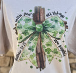 Load image into Gallery viewer, Cross with Shamrock Print Bow on Sand