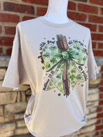 Load image into Gallery viewer, Cross with Shamrock Print Bow on Sand