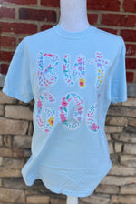 Load image into Gallery viewer, But God Floral with Lace Trim shown on Comfort Colors Chambray