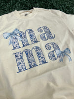 Load image into Gallery viewer, Blue Floral Stacked Mama on Comfort Colors (Shown on Ivory)