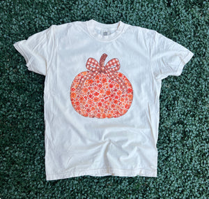 Fall 2025: Floral Pumpkin With Brown Gingham Bow on CC Ivory