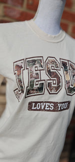 Load image into Gallery viewer, Camo Jesus Loves You on Comfort Colors
