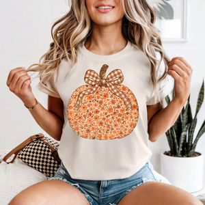 Fall 2025: Floral Pumpkin With Brown Gingham Bow on CC Ivory