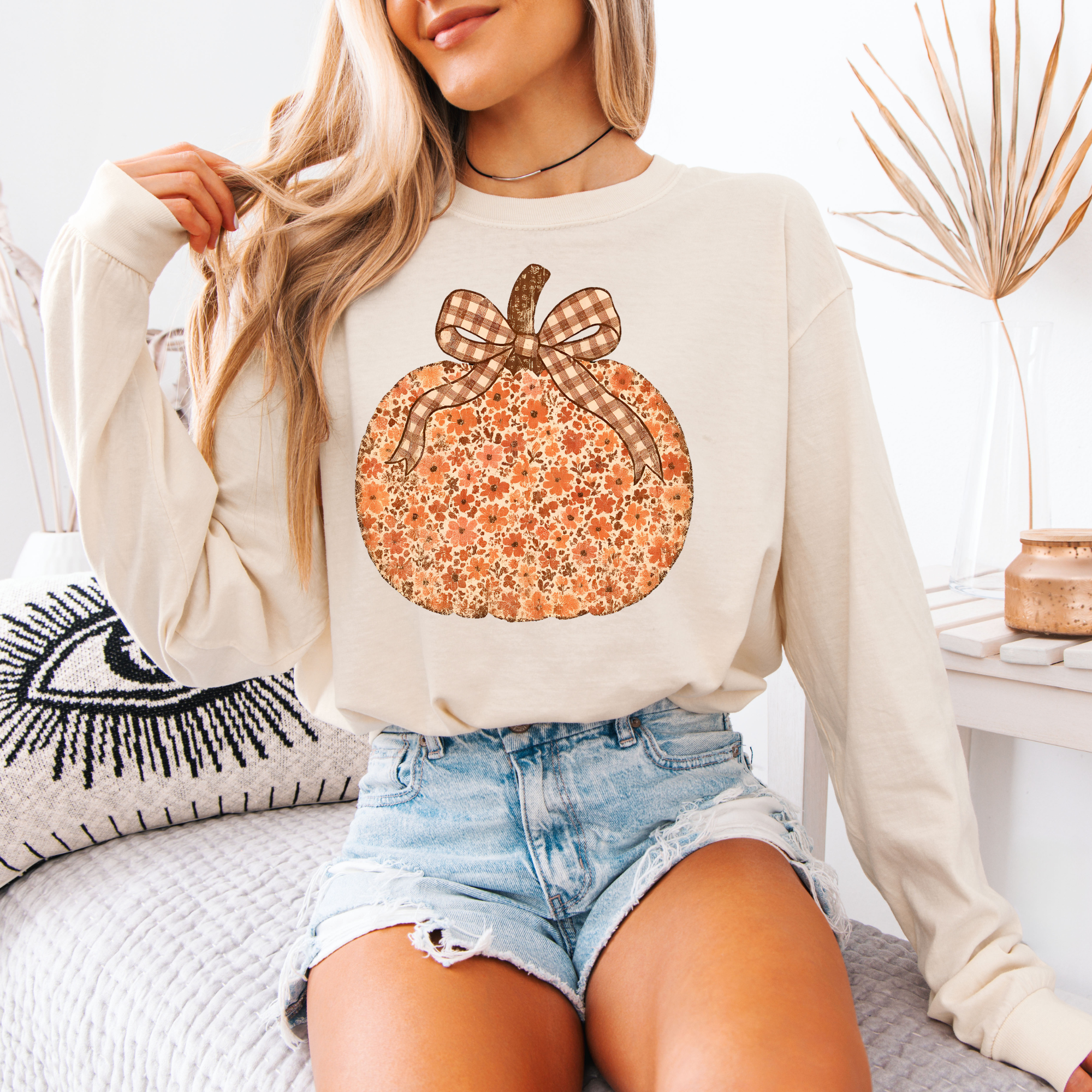 Fall 2025: Floral Pumpkin With Brown Gingham Bow on CC Ivory