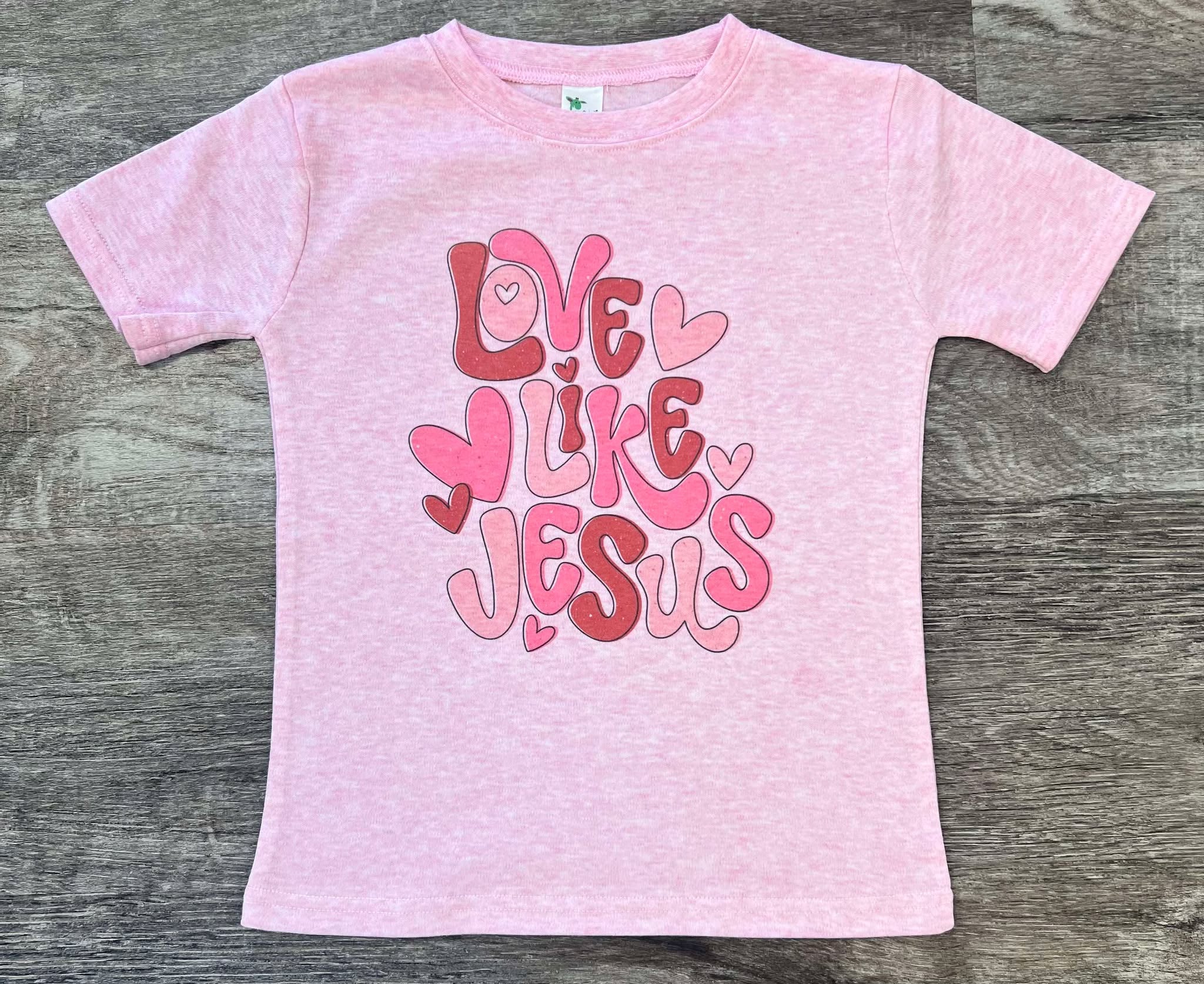 Love Like Jesus Youth Tee on Laughing Giraffe Pink
