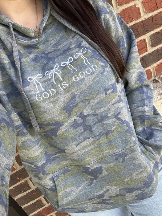 God is Good Embroidered on Camo Hoodie or Crewneck
