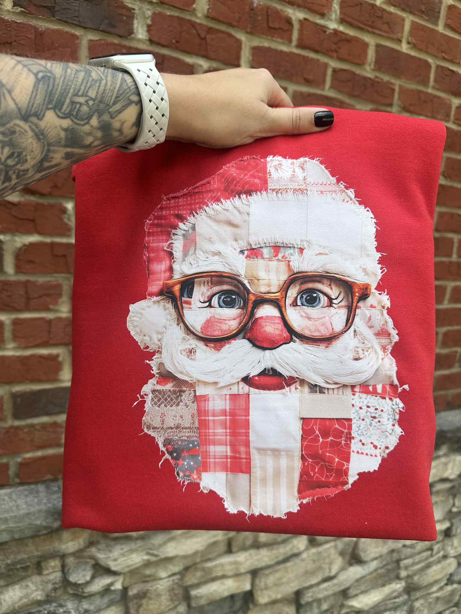 Patchwork Santa Printed on Gildan Cherry Red Sweatshirt
