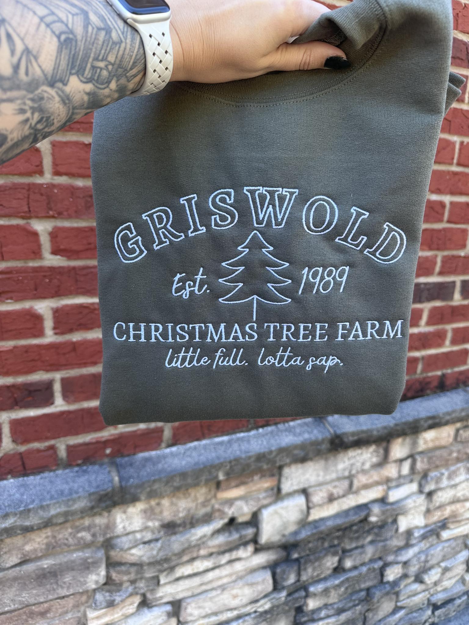 EMBROIDERED: Griswold Christmas Tree Farm on Fatigue Green