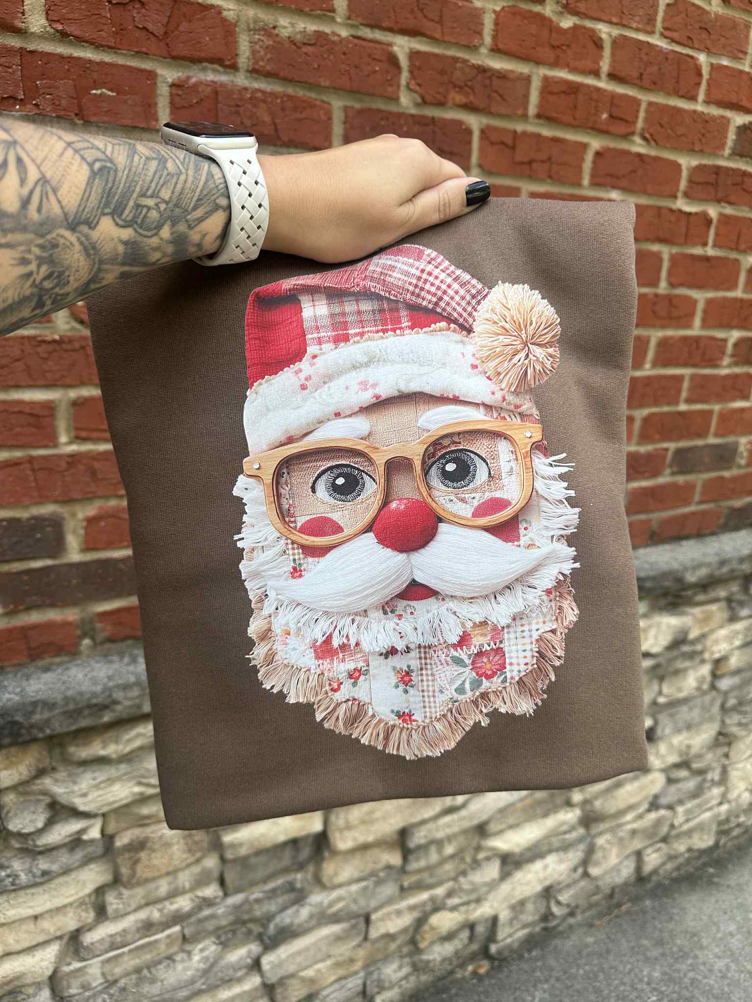 Santa with Fringe Printed on Hanes Army Brown Sweatshirt