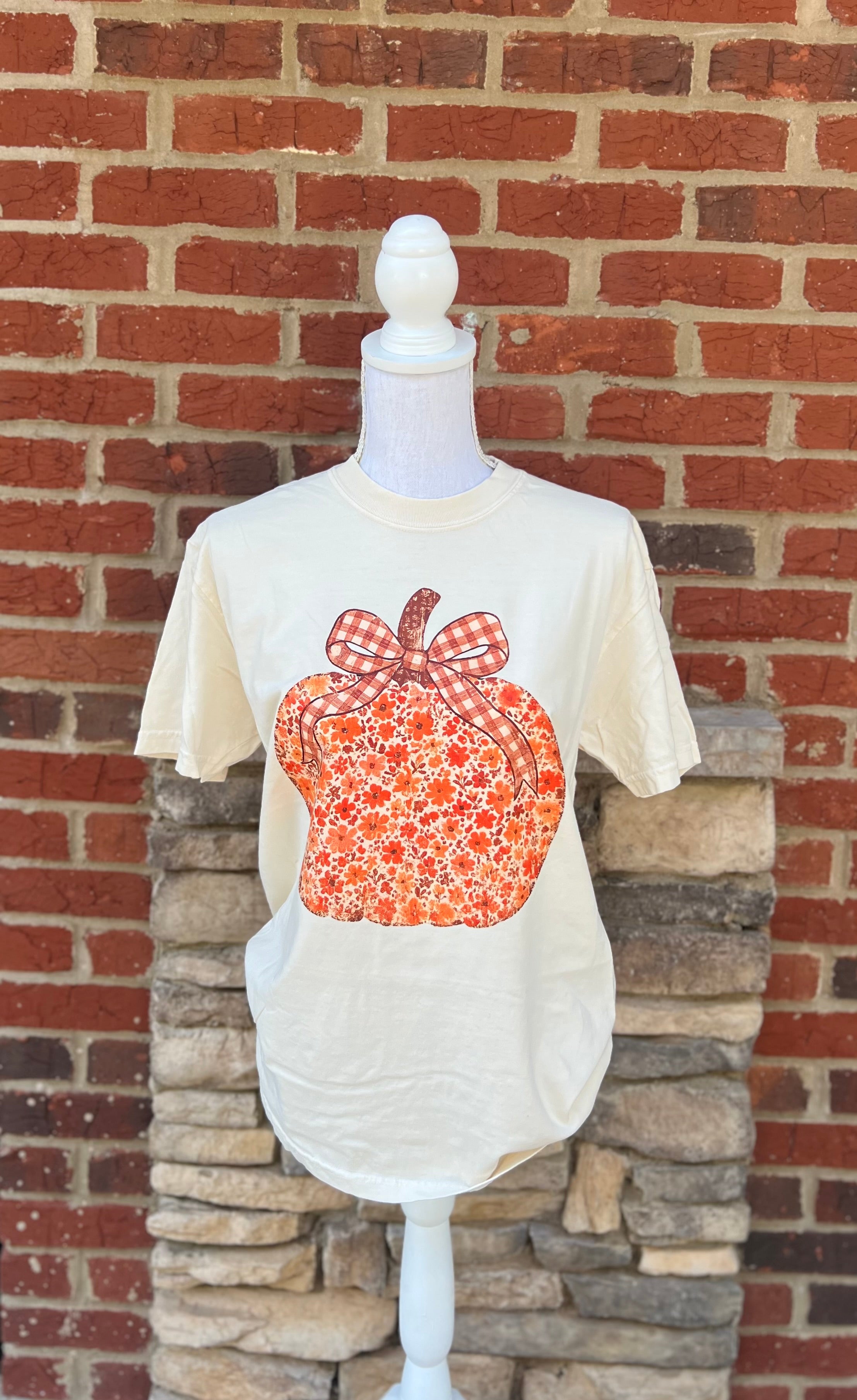 Fall 2025: Floral Pumpkin With Brown Gingham Bow on CC Ivory
