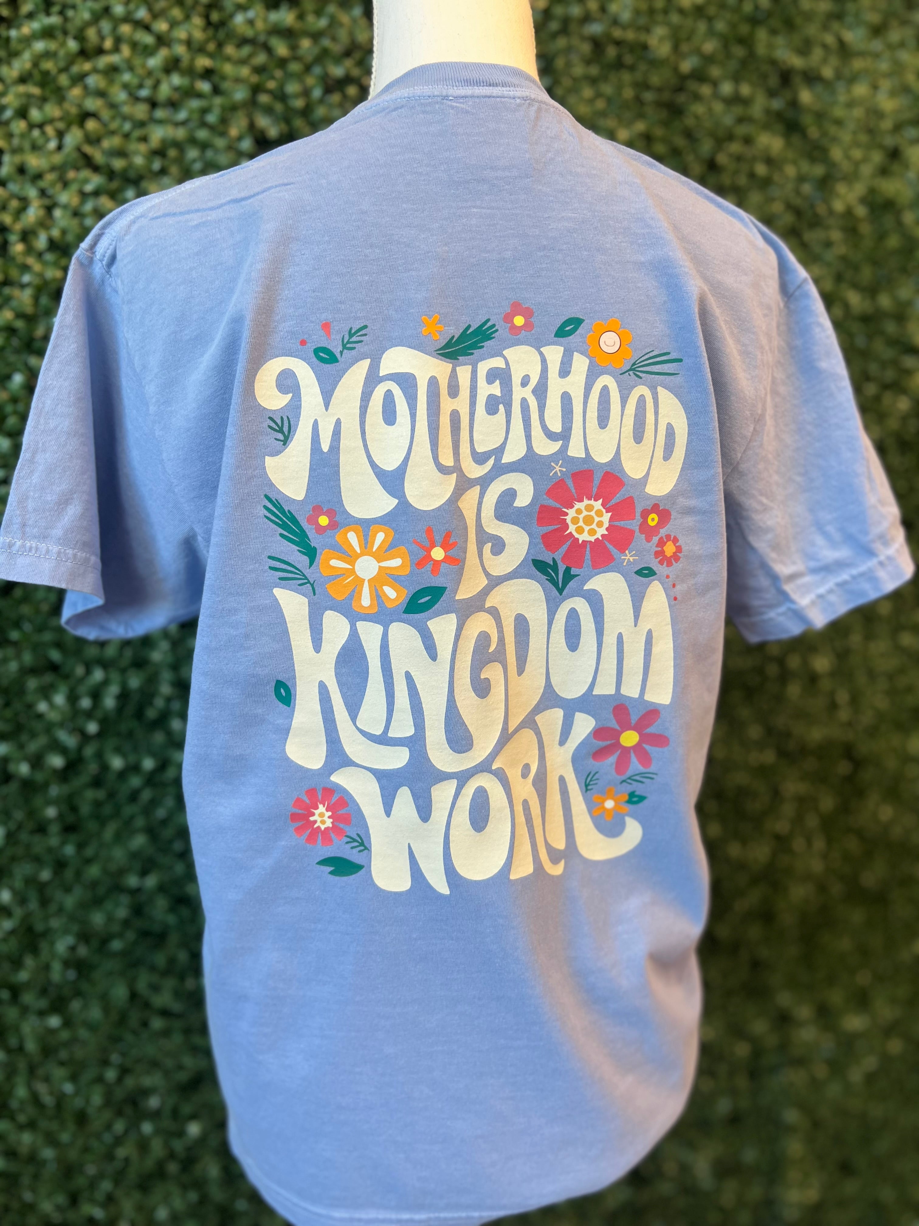 Motherhood is Kingdom Work Pocket Print Tee on Washed Denim