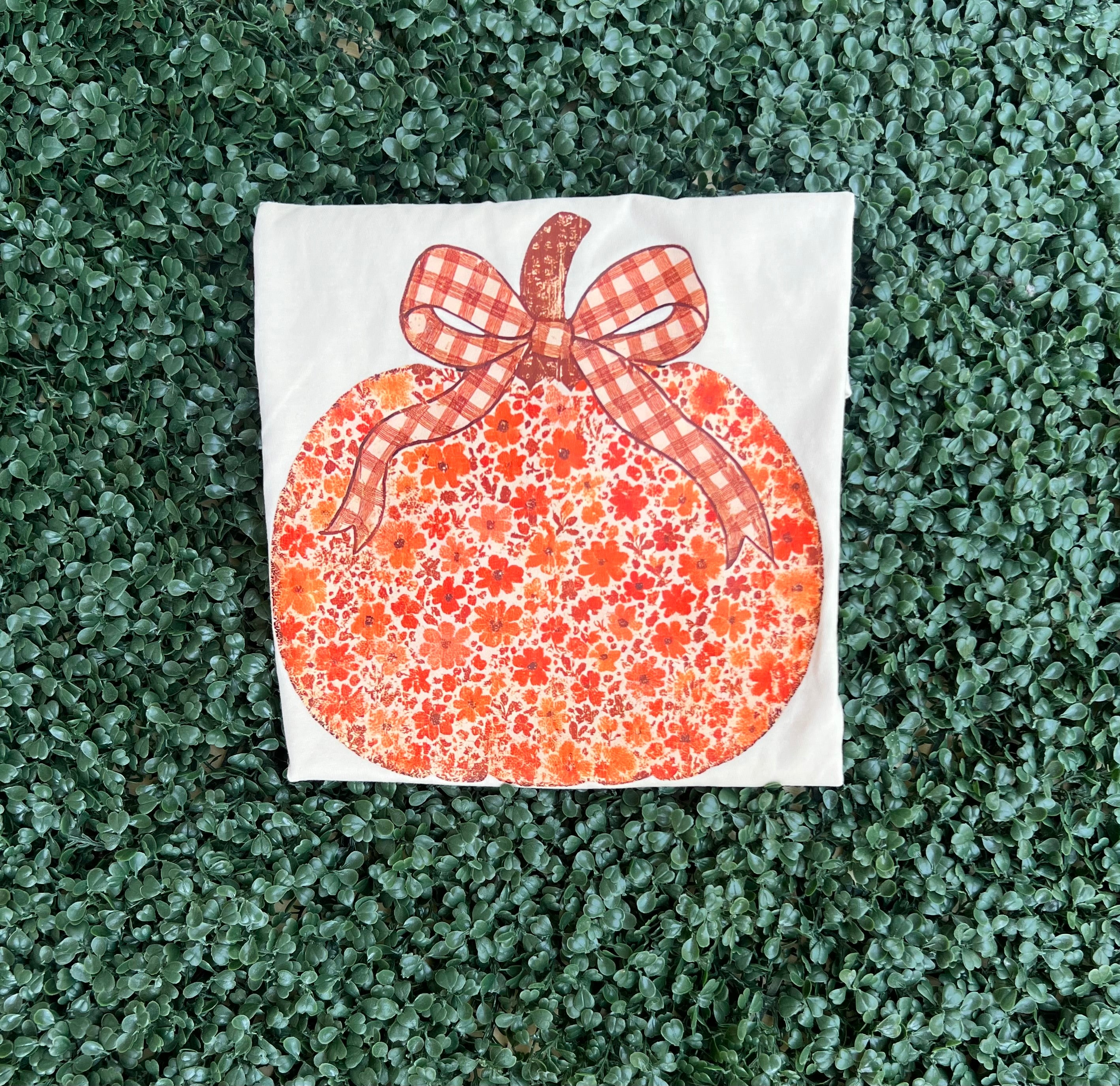 Fall 2025: Floral Pumpkin With Brown Gingham Bow on CC Ivory