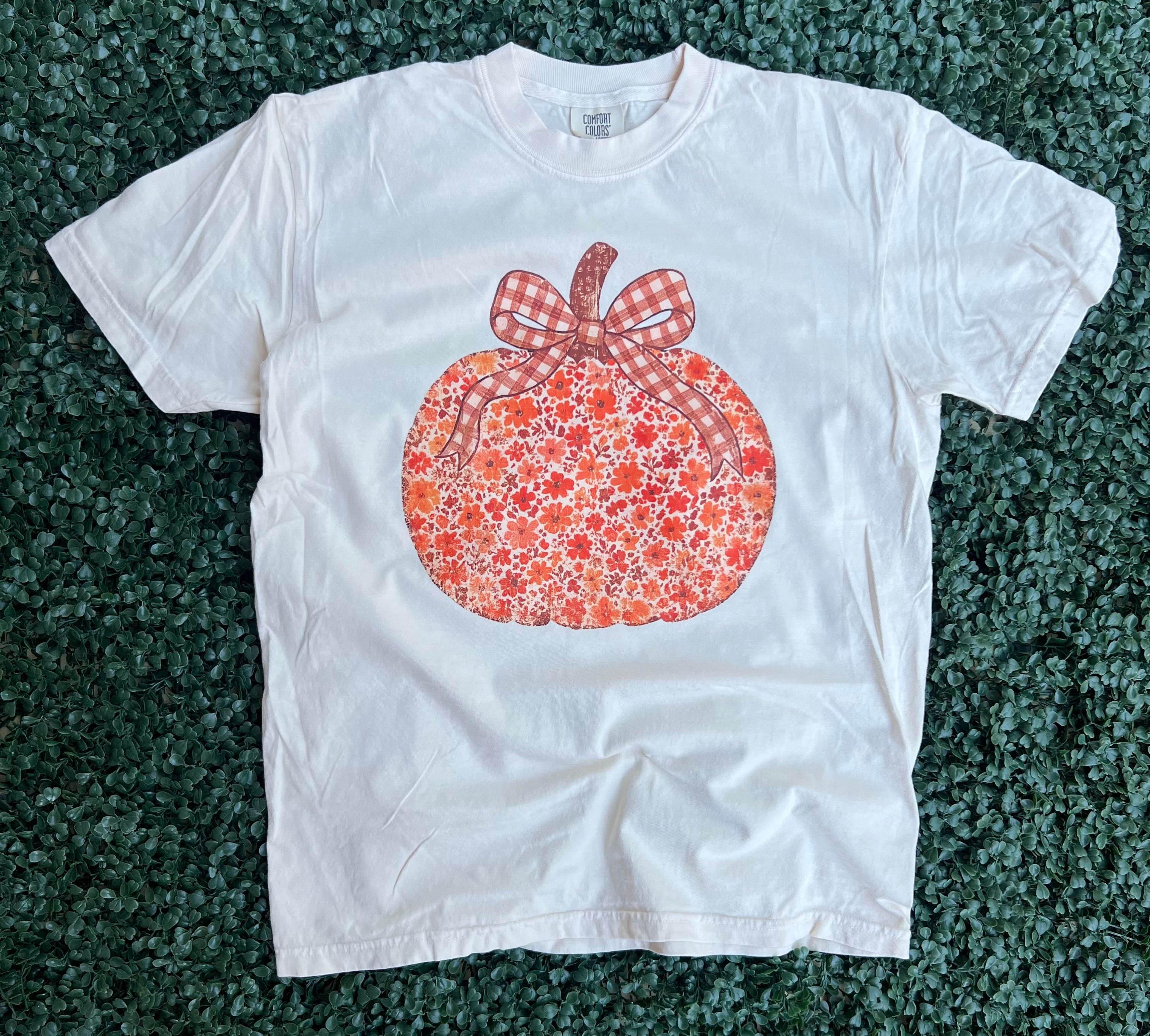 Fall 2025: Floral Pumpkin With Brown Gingham Bow on CC Ivory