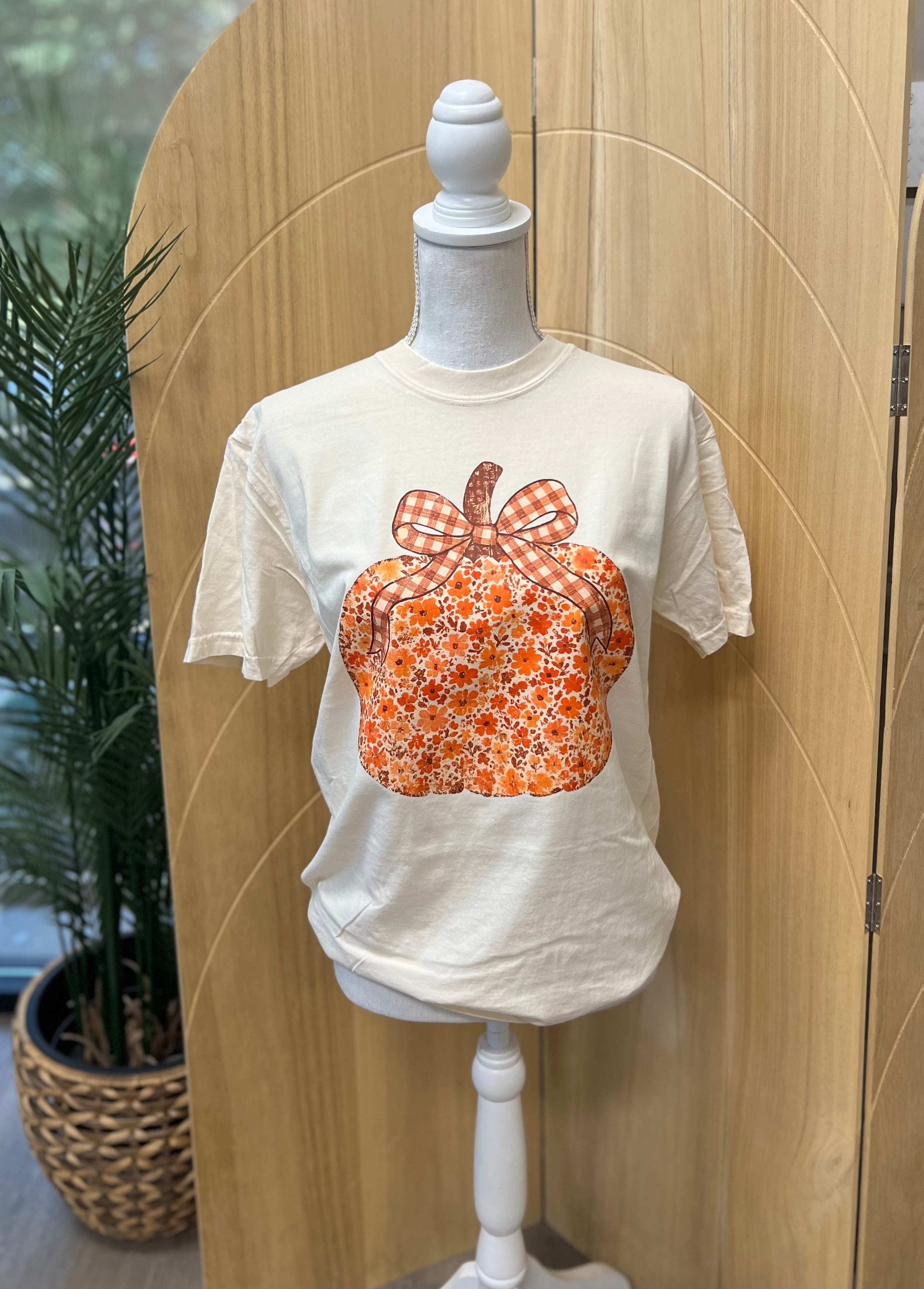 Fall 2025: Floral Pumpkin With Brown Gingham Bow on CC Ivory