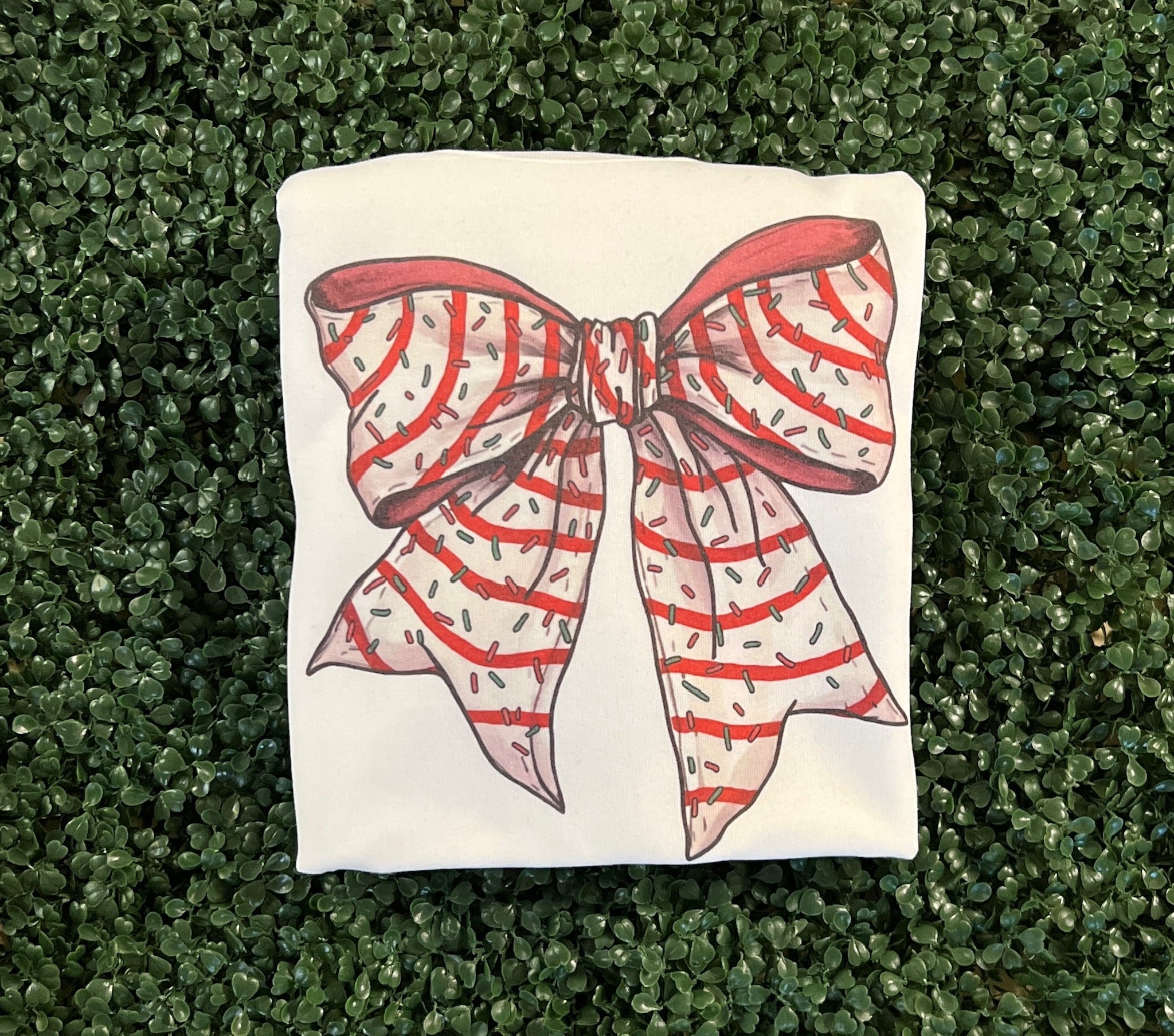 Christmas Tree Cake Bow Sweatshirt on White