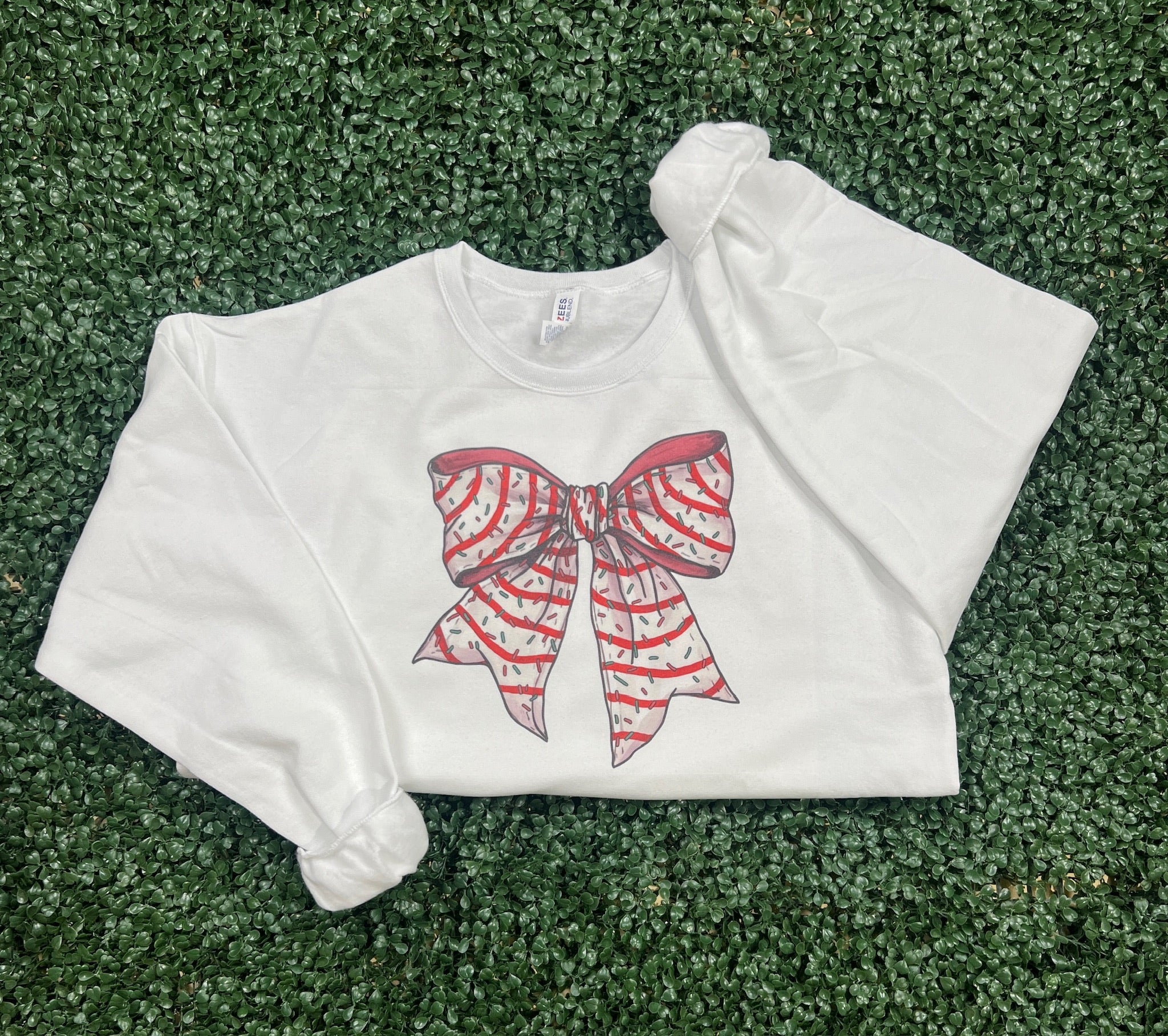 Christmas Tree Cake Bow Sweatshirt on White