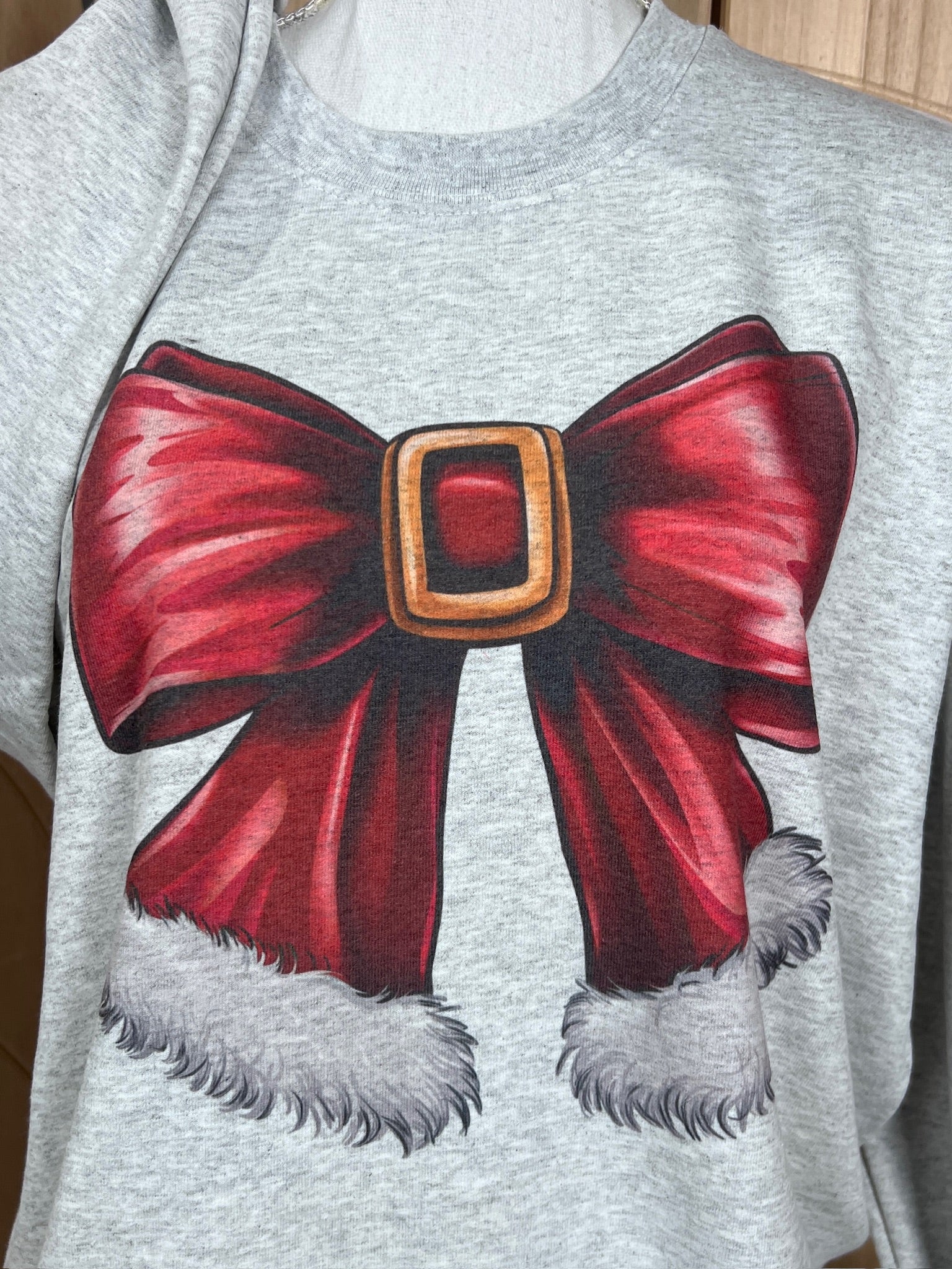 Santa Bow Sweatshirt on Ash Gray