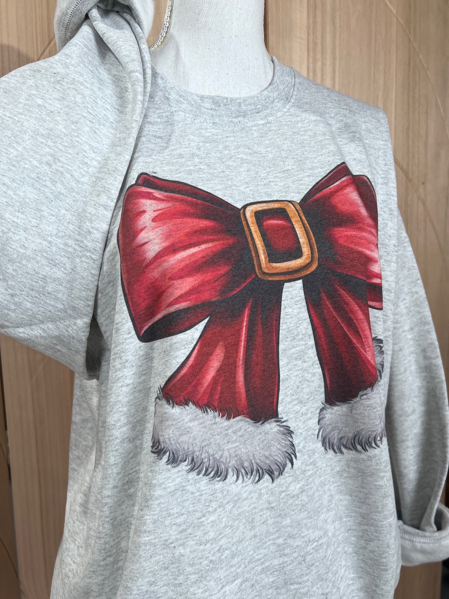 Santa Bow Sweatshirt on Ash Gray