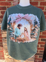 Load image into Gallery viewer, Painted Nativity on Comfort Colors Blue Spruce or Blossom
