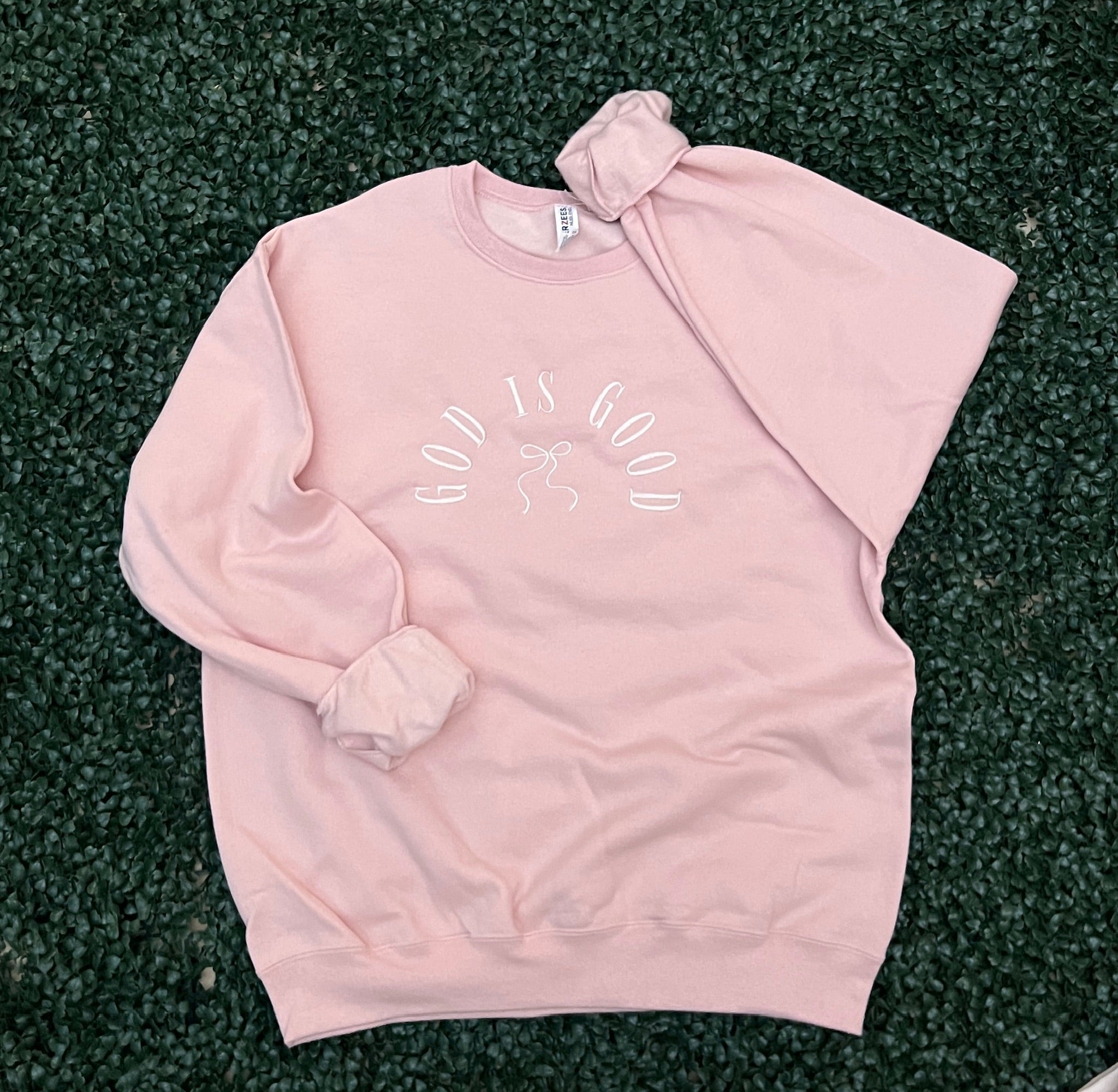 EMBROIDERED: God Is Good With Bow on Jerzees Cream or Light Pink