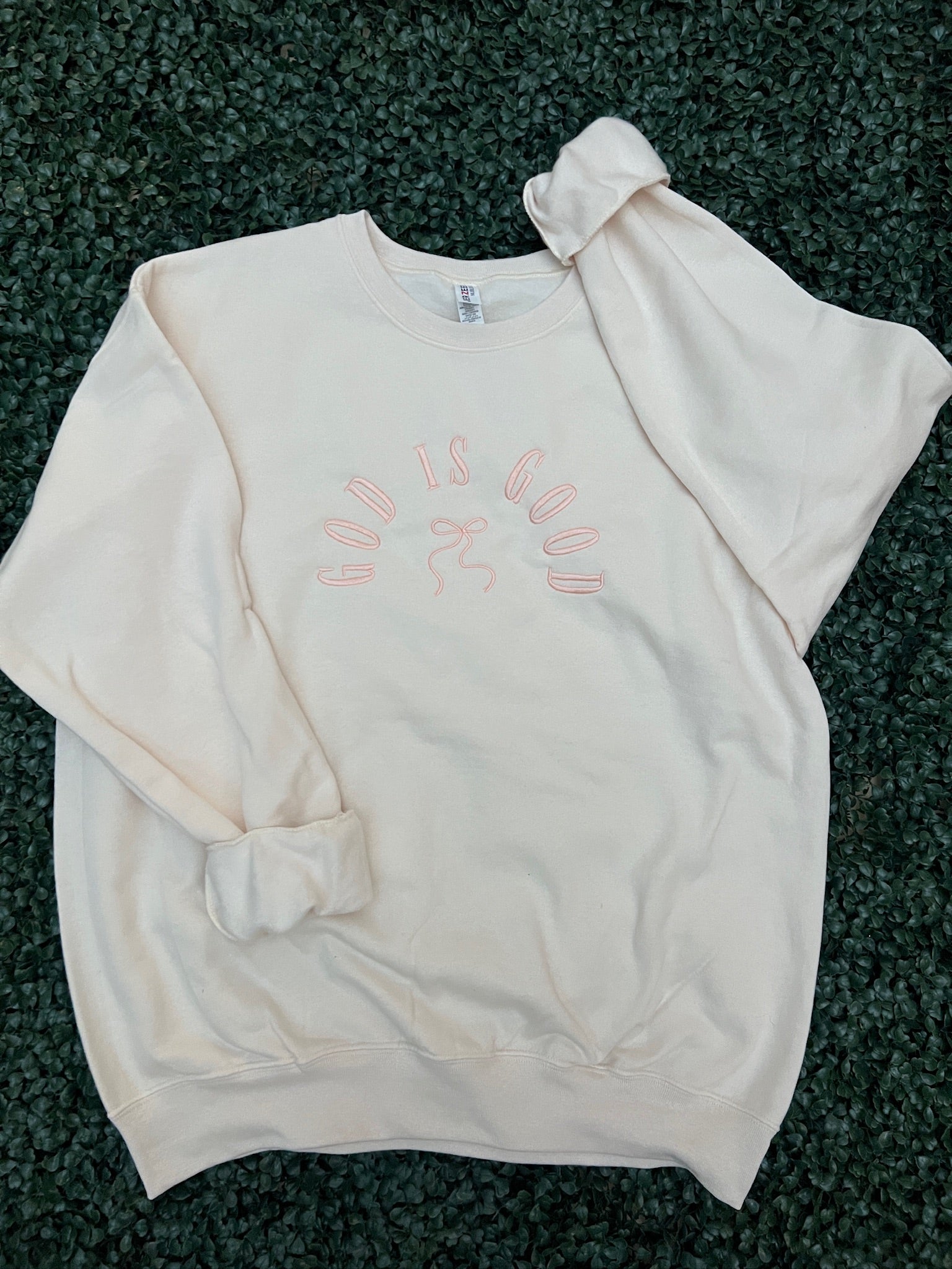EMBROIDERED: God Is Good With Bow on Jerzees Cream or Light Pink