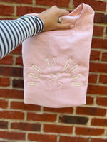 Load image into Gallery viewer, EMBROIDERED: God Is Good With Bow on Jerzees Cream or Light Pink

