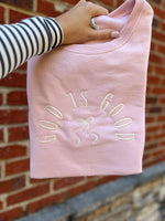 Load image into Gallery viewer, EMBROIDERED: God Is Good With Bow on Jerzees Cream or Light Pink
