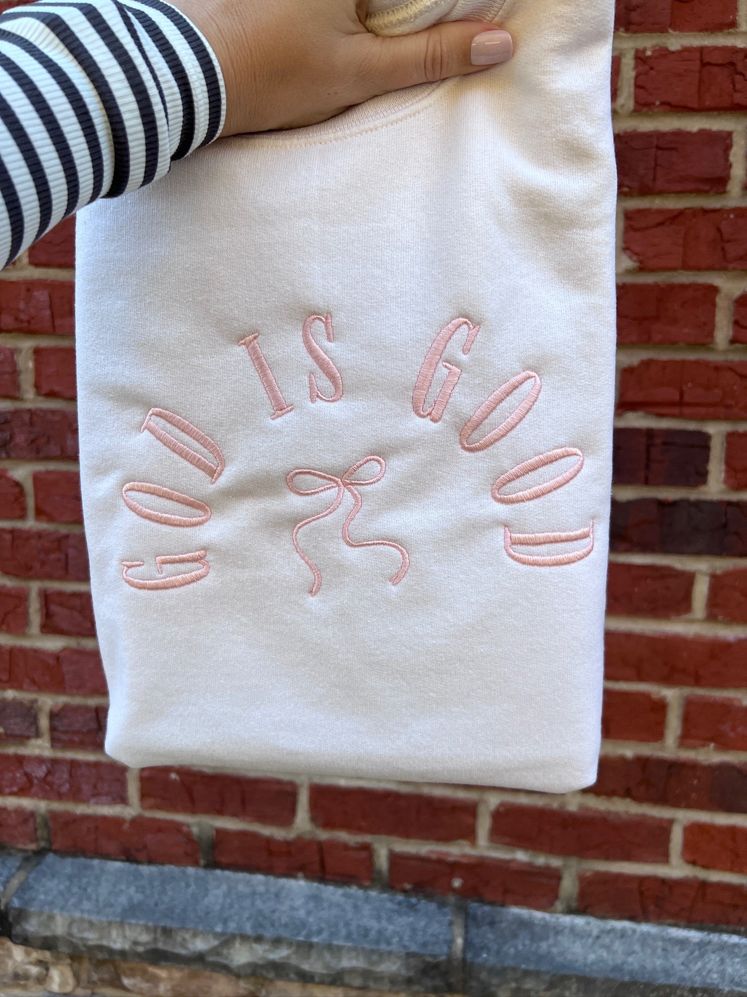 EMBROIDERED: God Is Good With Bow on Jerzees Cream or Light Pink