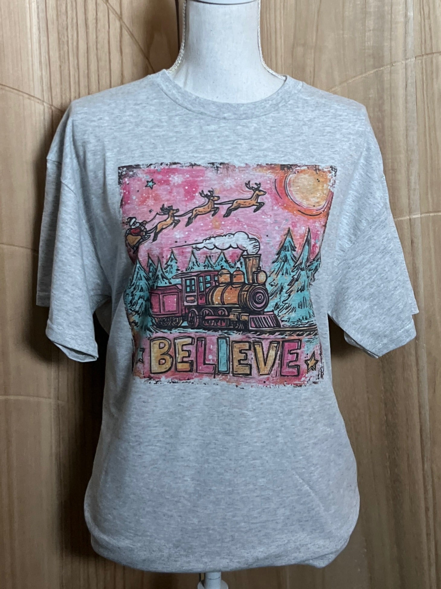 Believe Christmas Train on Ash Gray