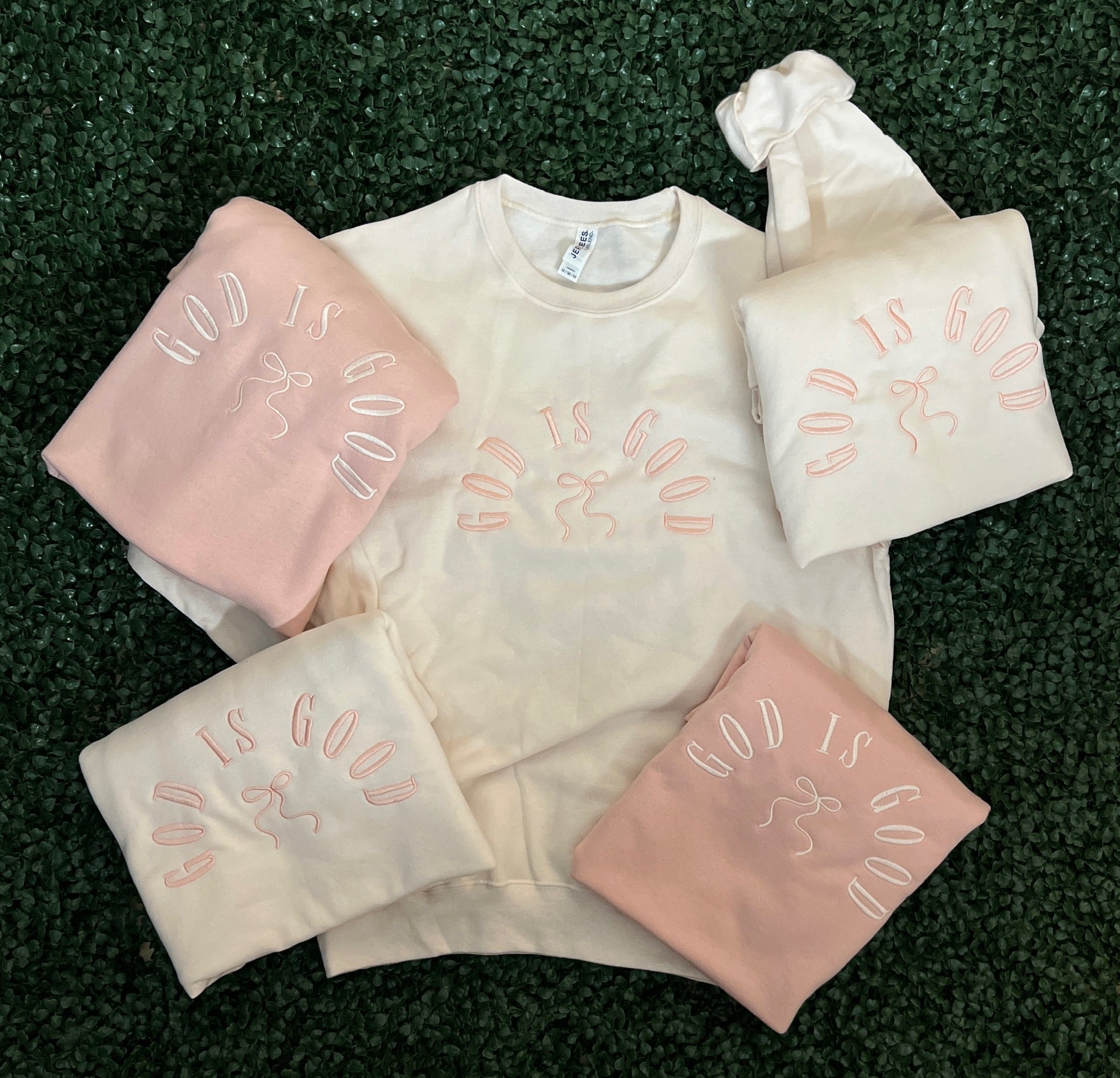 EMBROIDERED: God Is Good With Bow on Jerzees Cream or Light Pink