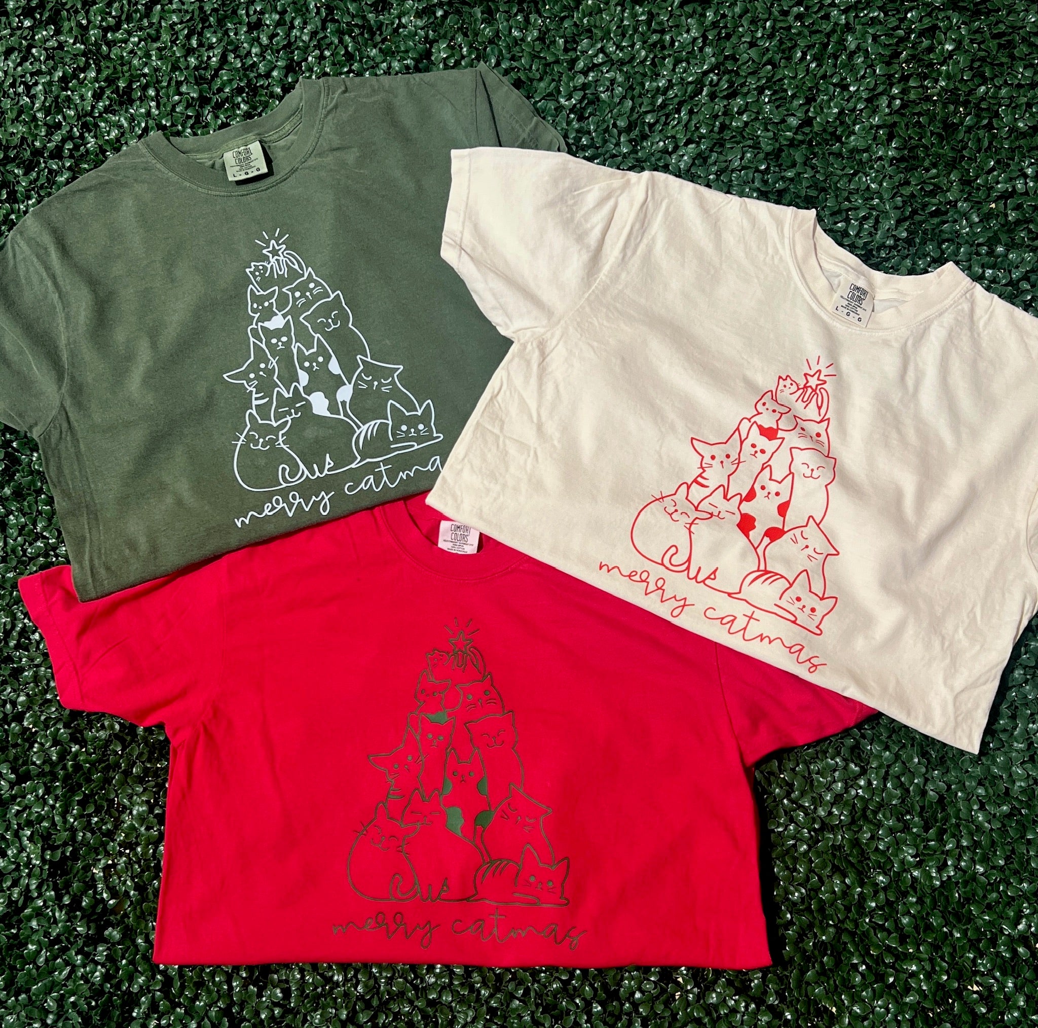 Merry Catmas Green Print on Comfort Colors Red