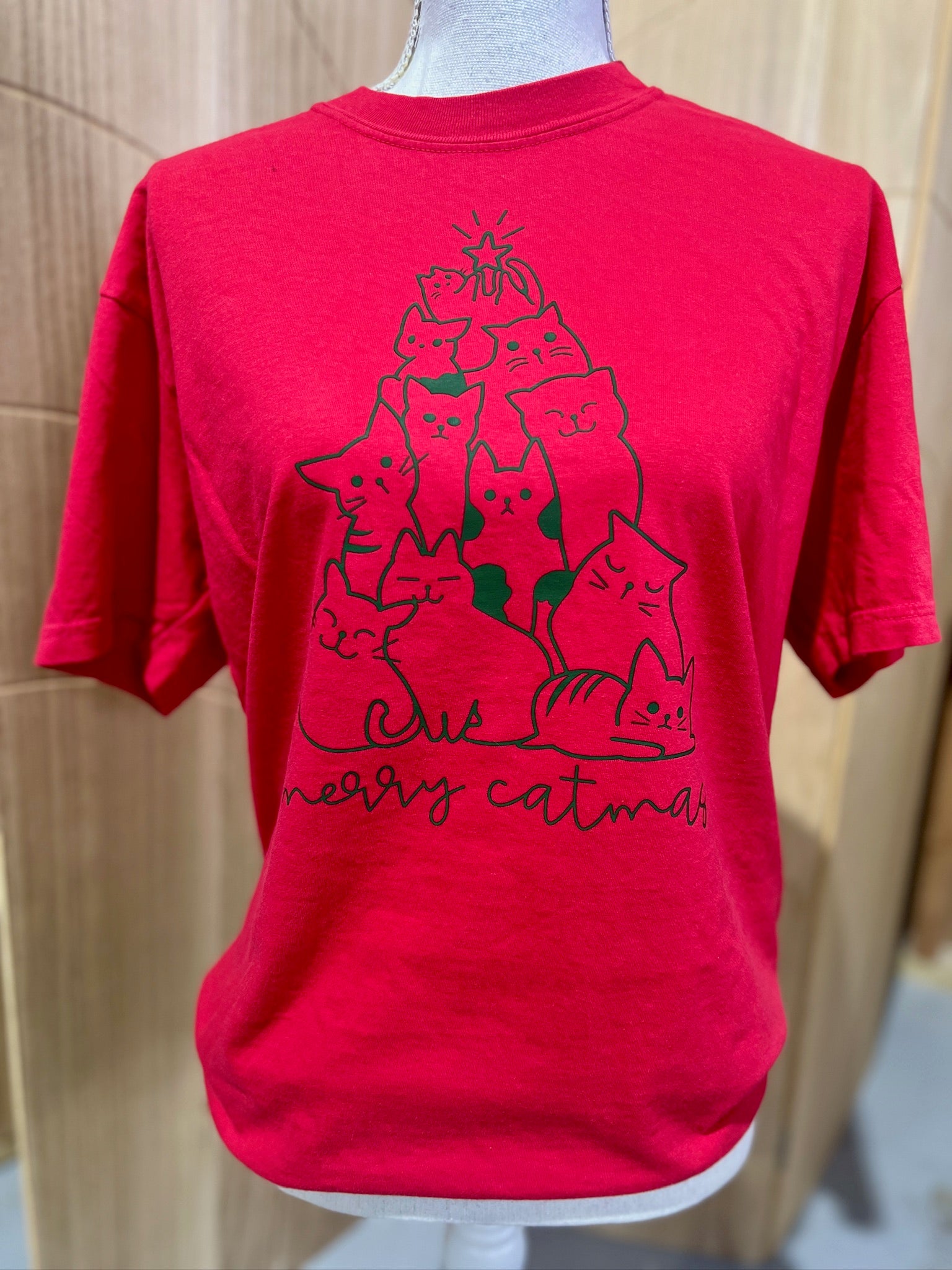 Merry Catmas Green Print on Comfort Colors Red