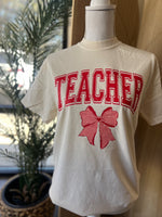 Load image into Gallery viewer, TEACHER Varsity Letters Valentines Tee on Comfort Colors Ivory
