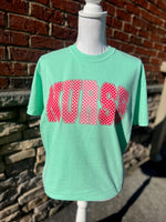 Load image into Gallery viewer, NURSE Varsity Letters Valentines Tee on Comfort Colors Island Reef
