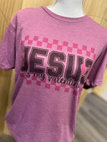 Load image into Gallery viewer, Jesus Is My Valentine Pink Checkered on Heather Cassis
