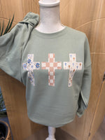 Load image into Gallery viewer, Multi-pattern Cross Trio on Stonewash Green Sweatshirt
