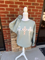 Load image into Gallery viewer, Multi-pattern Cross Trio on Stonewash Green Sweatshirt
