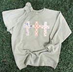 Load image into Gallery viewer, Multi-pattern Cross Trio on Stonewash Green Sweatshirt
