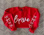 Load image into Gallery viewer, Love Bow Sleeve on Gildan Red Sweatshirt
