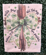 Load image into Gallery viewer, Cross with Shamrock Print Bow on Sand
