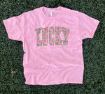 Load image into Gallery viewer, Pink and Green Shamrock Print LUCKY on Pink
