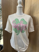 Load image into Gallery viewer, Shamrock with Pink Lucky Script on Cream
