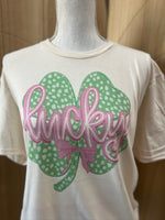 Load image into Gallery viewer, Shamrock with Pink Lucky Script on Cream

