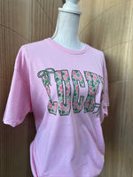 Load image into Gallery viewer, Pink and Green Shamrock Print LUCKY on Pink
