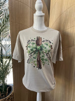 Load image into Gallery viewer, Cross with Shamrock Print Bow on Sand
