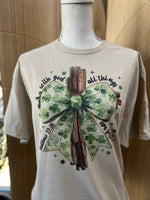 Load image into Gallery viewer, Cross with Shamrock Print Bow on Sand
