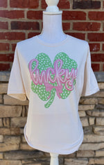 Load image into Gallery viewer, Shamrock with Pink Lucky Script on Cream

