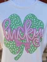 Load image into Gallery viewer, Shamrock with Pink Lucky Script on Cream
